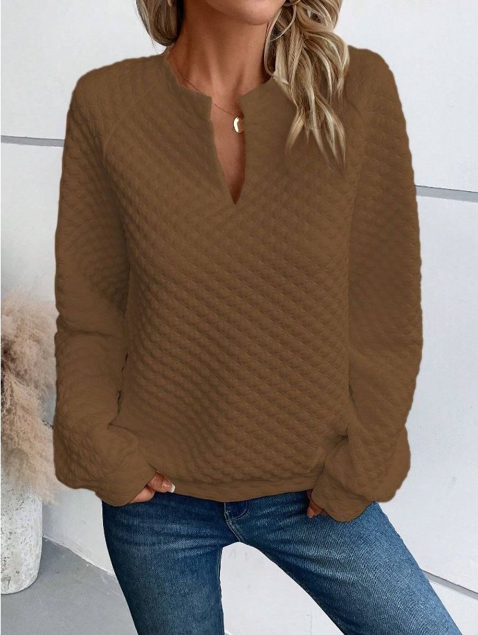 Women's Clothing solid color deep V neck splicing long sleeved women's casual sweatshirt_desvips.com