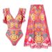 Fashion One-piece Bathing Suit Set Printed Gauze Dress Beach Spa Bikini_desvips.com