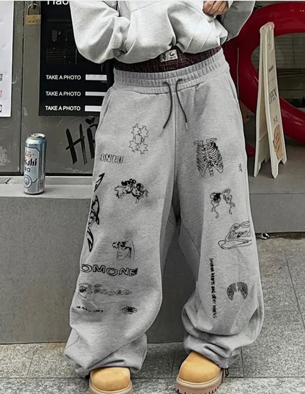NOKOMETA American High Street 3D Printing Graffiti Sweatpants Men, Retro Printing Loose Straight, Trendy Hip-hop Trousers_desvips.com