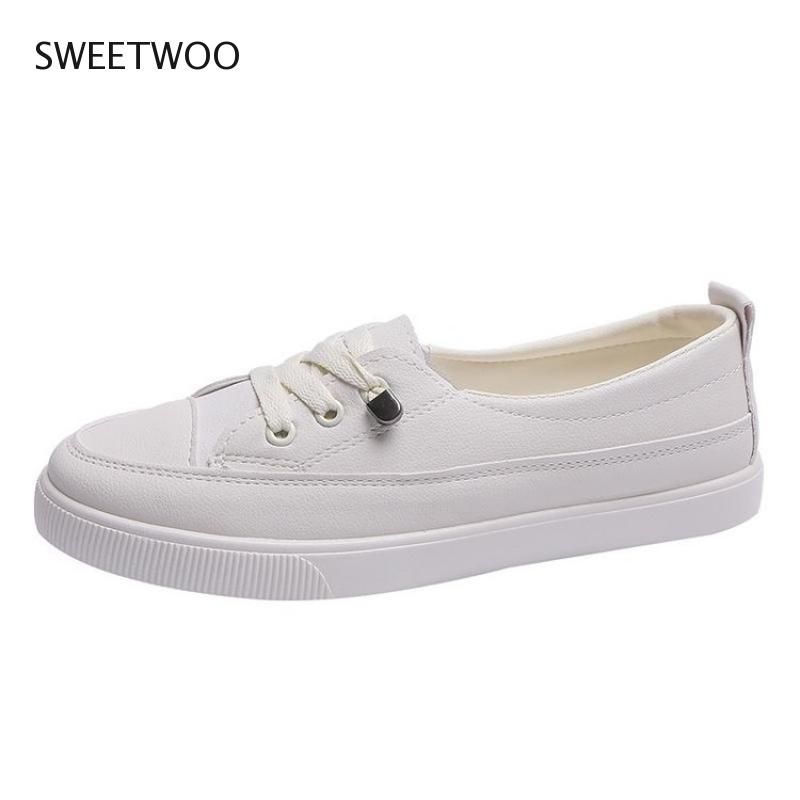 2021 Low Platform Women Female Pu Leather Walking Sneakers Loafers White Flat Slip On Casual Shoes_desvips.com