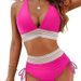 European And American Cross-Border Women's Bikini High-Waist Two-Piece Color Block Set With Drawstring Gathered Tummy_desvips.com