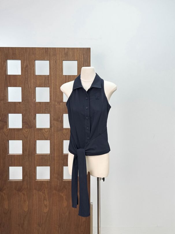 Unique Design: Women's Sleeveless Polo Collar Top With Ribbon Hem + Elastic Sports Quick-dry Long Pants Embroidered Set_desvips.com