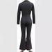 Women's Clothing elegant mesh sleeves V neck button pockets high waist lace up solid color slim jumpsuit_desvips.com