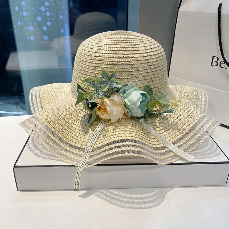 Straw Sweet Wide Brim Beach Summer Fashion Flower Sun Hat For Women_desvips.com