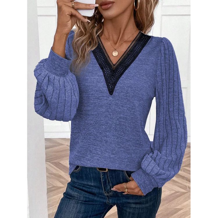 Women's Clothing Autumn and Winter New Solid Color Long Sleeve Lace V neck T shirt Women's Tops_desvips.com