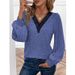 Women's Clothing Autumn and Winter New Solid Color Long Sleeve Lace V neck T shirt Women's Tops_desvips.com