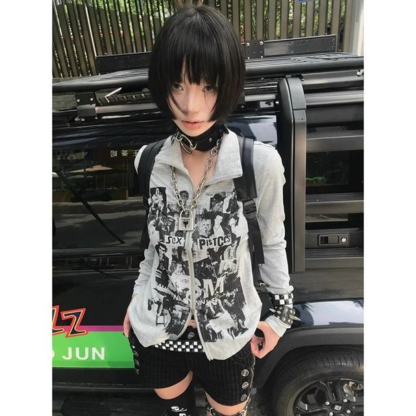 American Sweatshirt Cardigan Women's Early Autumn Punk Long Sleeved T-shirt Slim Fit Vintage Subculture Zipper Top_desvips.com