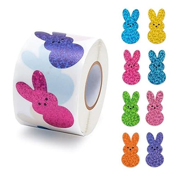 Colorful Glitter Laser Stickers Cute Cartoon Rabbit Easter Gift Decoration Labels 500 Sheets/Roll_desvips.com