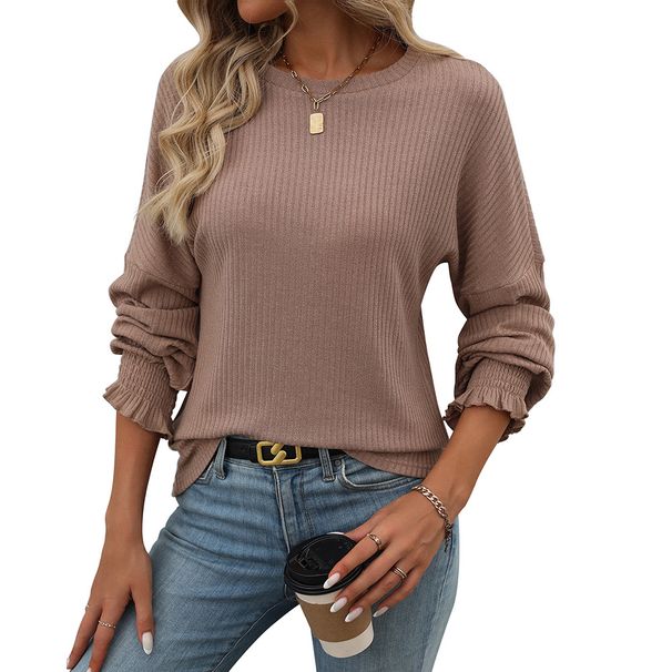 ActiveGo European And American Cross-Border Wo's Fashion 2024 Autumn Winter New Loose Casual Ribbed Long Sleeve T-Shirt For_desvips.com