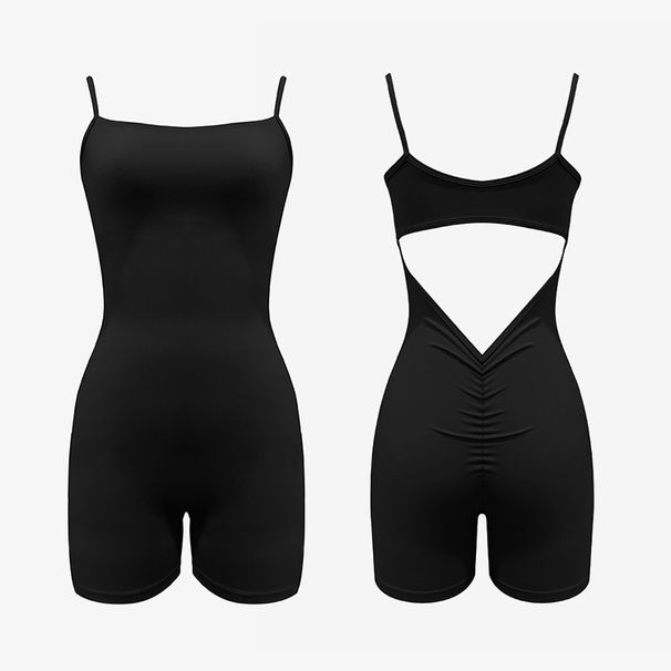 Thin-Shouldered Vest And Shorts Bodysuit Back Cutout V Waist Pleated Yoga Fitness Body Building Sports Wear for Women_desvips.com