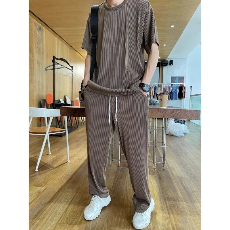 men's clothing wide leg sports pants high waist loose drawstring jogging pants with kets sweatpants_desvips.com