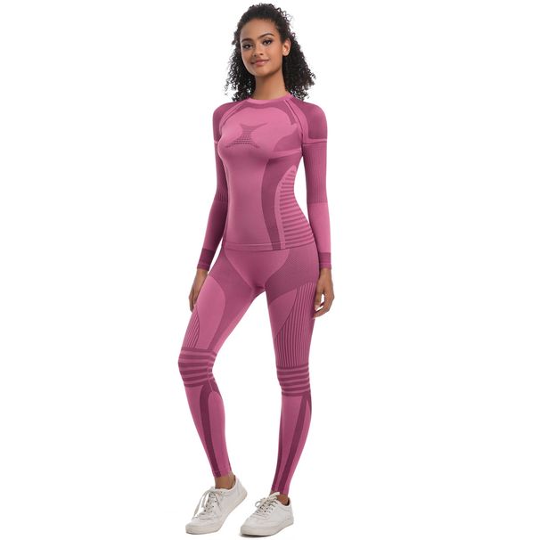 Seamless Knitted Tight High Elastic Long Ski Suit Sports Running Fitness Yoga Outfit Two-Piece Set For Women_desvips.com
