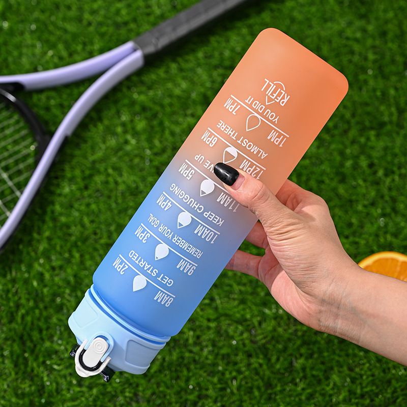 Gradient color frosted plastic sports cup portable rope portable fitness sports water bottle bouncing straw space cup_desvips.com