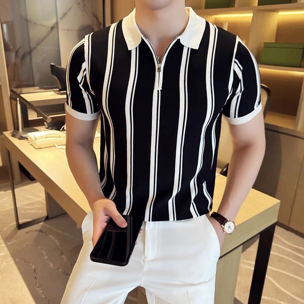 Men's Clothing High Grade Knitted Ice Silk Polo Shirt Men's Short Sleeved Summer Thin Style Fashion Slim Striped Zipper T Shirt_desvips.com