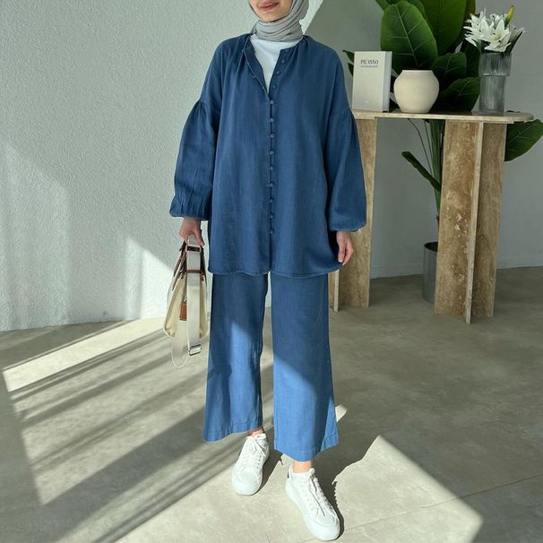 Women's Clothing autumn new women's clothing round neck lantern sleeve loose casual wide leg pants two piece suit_desvips.com