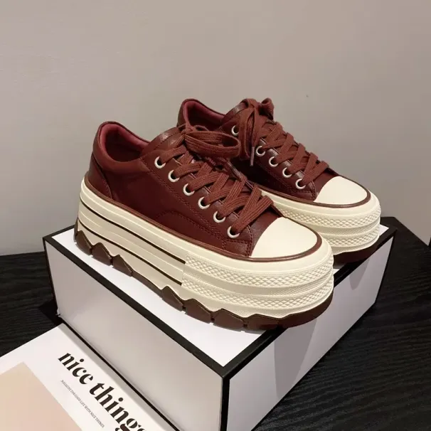 Women's Casual Shoes:Fashion Thick Sole Increase Height 2024 New Korean Version Lace-up Versatile,Black/Red/Leopard_desvips.com
