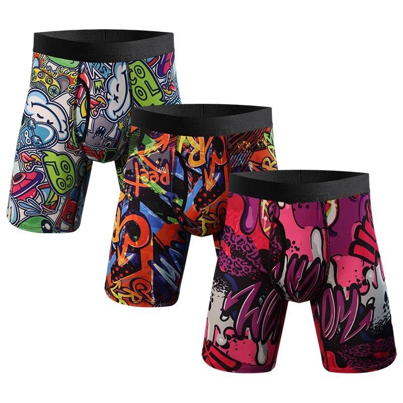 NOKO 3-pack Men's Graffiti Print Sports Men's Stretch Knitted Long Version Men's Underwear Side Opening Men's Boxer Briefs_desvips.com