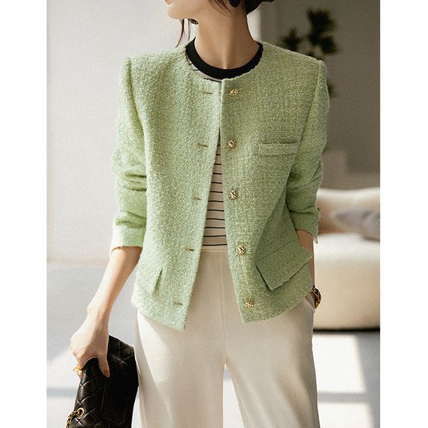 Women's Clothing Wool tweed autumn short candy green tops _desvips.com