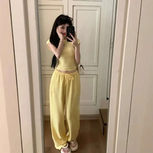 Korean Dongdaemun Pure Desire Style Summer New Fashion Sports Outfit Women's Slim Fit Short Sleeve Long Pants Two-Piece_desvips.com