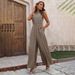 Women's clothing elastic waist high collar halter neck sleeveless floral wide-leg casual pants jumpsuit_desvips.com