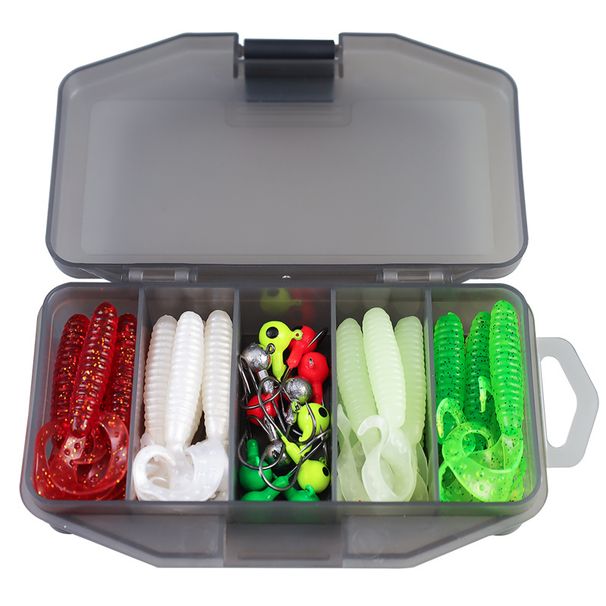 37Pcs/Set Curly Worms Soft Bait Kit Shrimp Smell Soft Fishing Lure 6cm 3g Jig Head Hook 3g Fishing Hooks With Fishing Tackle Box_desvips.com