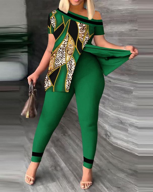 Women's Clothing fashion casual slit slant collar printed suit_desvips.com