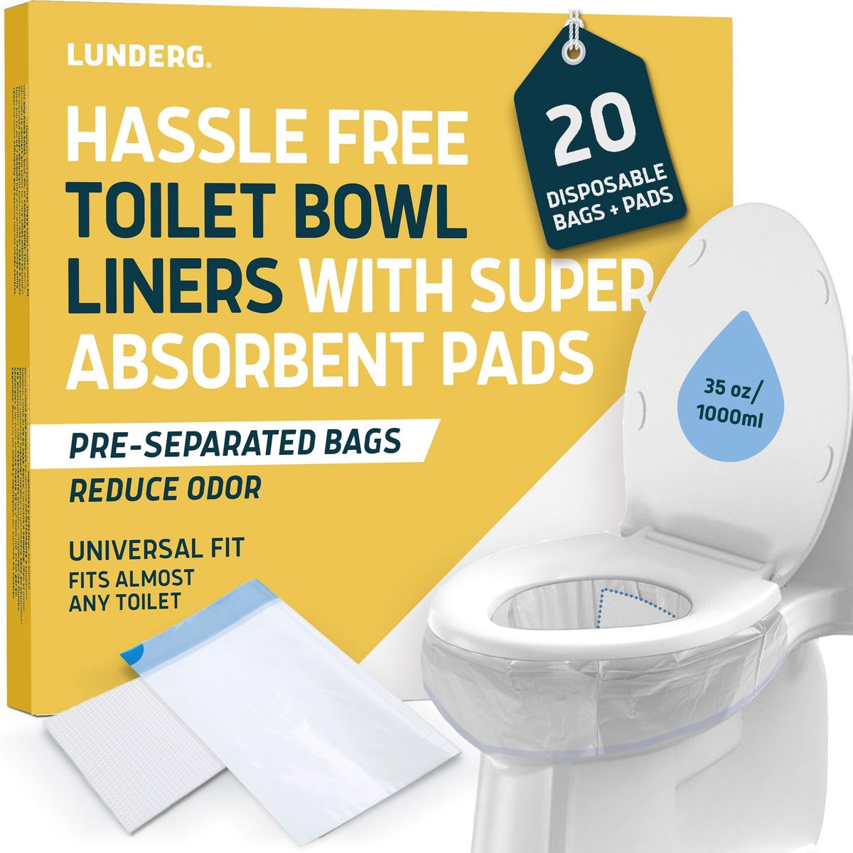 Lunderg Disposable Toilet Liners With Lemon Scented Absorbent Pads, 20 Count_desvips.com