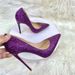 Purple snake skin patterned socialite high 12CM pointed thin heels shallow mouth single soft leather women's shoes_desvips.com