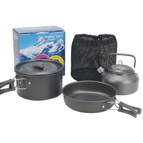 Outdoor 2-3 Person With Teapot Combination Hard Oxidized Aluminum Portable Camping Pot Set_desvips.com