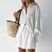 Hollow jacquard niche French long-sleeved suit shirt shorts casual women's design white_desvips.com