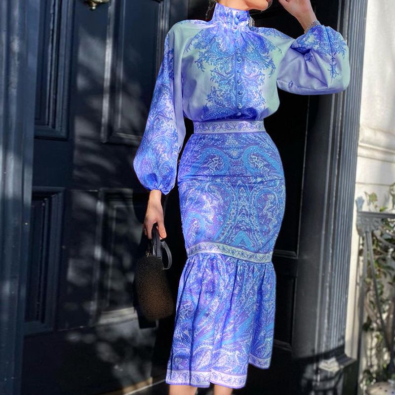 Women'S Autumn New Bohemian Printed Top Mid-Length Covered Arm Skirt Suit for Women_desvips.com