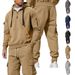 Men's Fleece Hooded Zip-Up Jacket & Cargo Pants Set - Streetwear Casual Outfit For Fall Winter, Multi-Pocket Utility Style (Khaki, Navy)_desvips.com