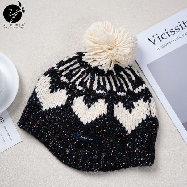Yangchao Wanmei Fair Island Sweet Heart Pom Pom Wool Knit Hat For Women - Versatile, Warm, Ear Cover, Face-Framing, Autumn & Winter Style_desvips.com