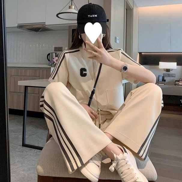 2025 Korean Version Summer Fashion Petite Casual Sports Suit For Women Slim Fit Short Wide-Leg Pants Two-Piece Set_desvips.com