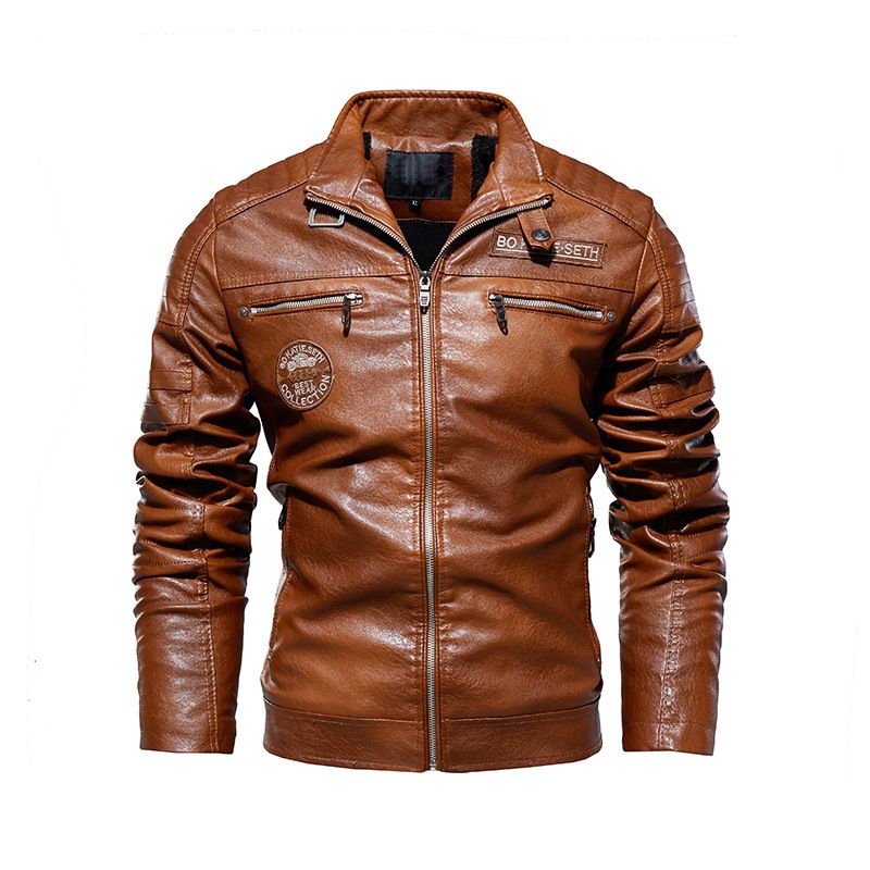 men’s vintage pu leather biker jacket – thickened zipup motorcycle coat (brown, green, black, wine red)_desvips.com
