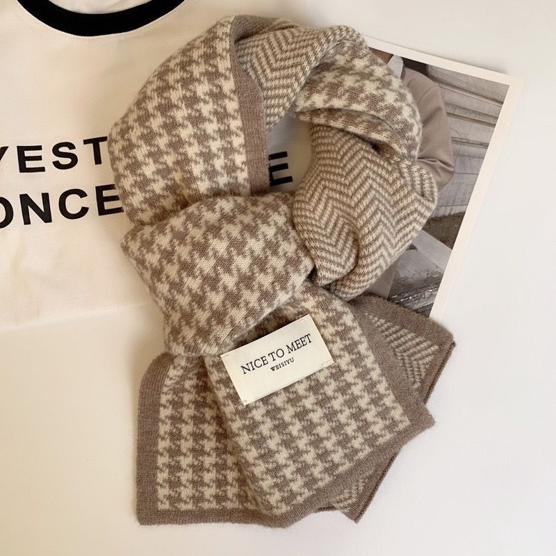 Houndstooth Scarf For Women Winter New Double-Sided Knitted Warm Korean Student Thickened Couple Neck Warmer High-End_desvips.com
