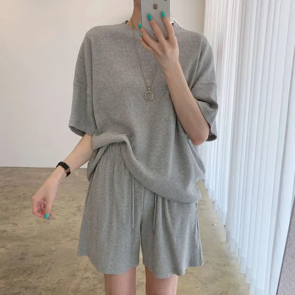 South Korea Chic Summer Simple Round Neck Fashion Sports Suit Women Short Sleeve High Waist Loose Wide Leg Two Piece Set_desvips.com