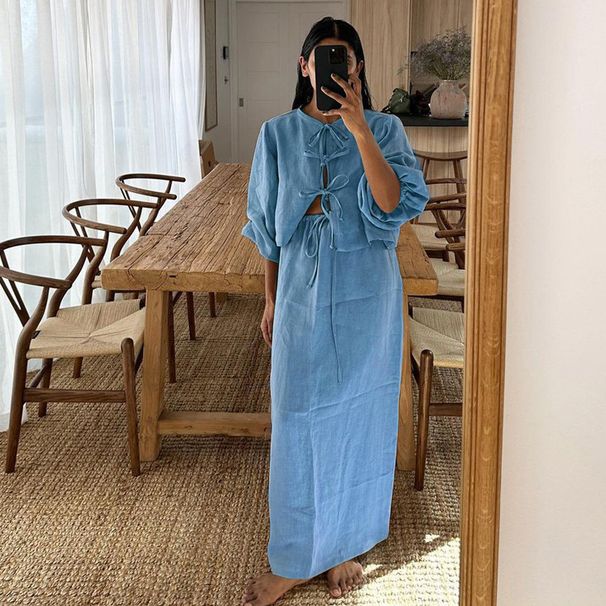 Women's Clothing new retro tea style outfit a complete set of puff sleeve shirt suit summer women's skirt_desvips.com