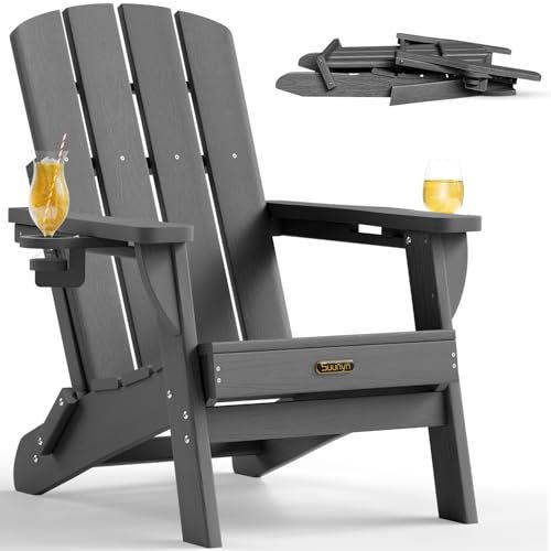 Folding Adirondack Chair Made Of HDPE Plastic, Featuring 2 Cup Holders, Designed As An All-weather Fire Pit Chair For Outdoor Use On Patios And Garden_desvips.com