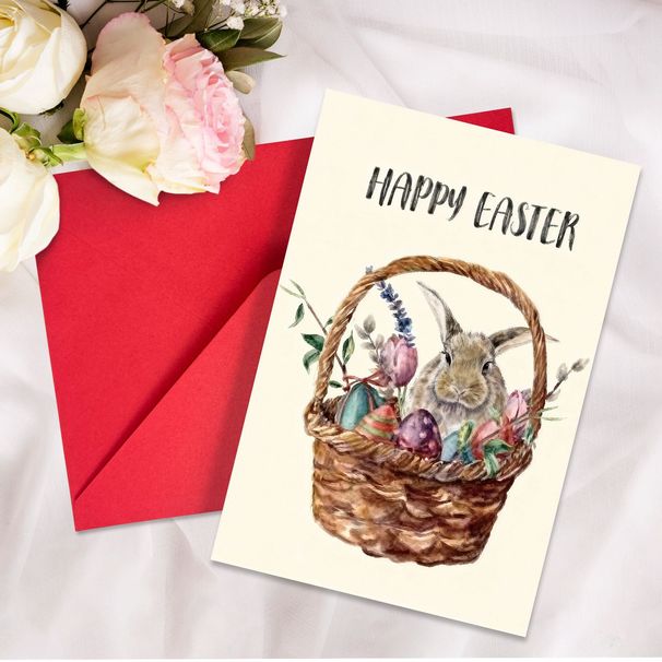 New Greeting Card Et Colored Egg Rabbit, Folded In Half With Envelope For Leaving Meage And Bleing, Eater_desvips.com