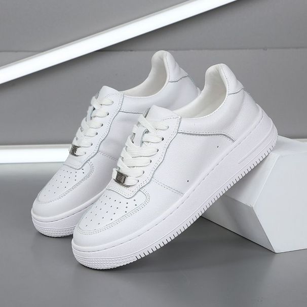 white Genuine Leather, Cowhide, Pure White, Couple, Classic, Low-cut, Sports, Casual, Men's Shoes, Women's Shoes_desvips.com
