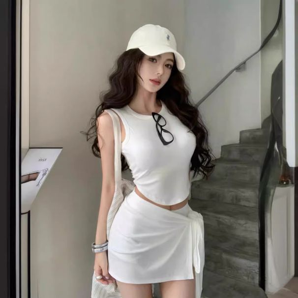 Summer Hot Girl Style With Built-in Chest Pads, Slim-fit Short Tank Top + Strappy Skirt-pants Sports Fashion Set_desvips.com
