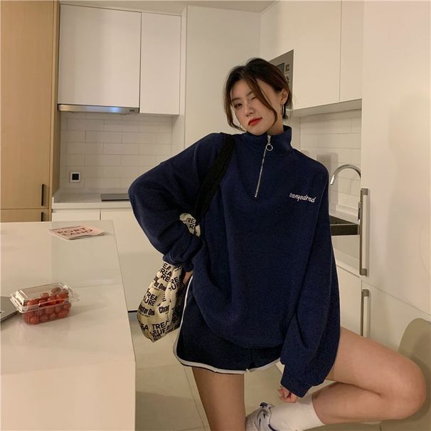 Oversized Women's Clothing 2025 Spring Autumn Oversized Loose Lazy Half Zipper Hoodie Covers The Flesh And Appears Thin_desvips.com