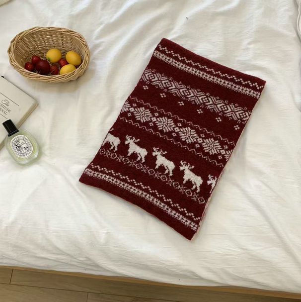 Christmas Limited Edition~ Retro Autumn Winter Double-Sided Reindeer Jacquard Knitted Scarf Fashion Thickened Warm Neck_desvips.com