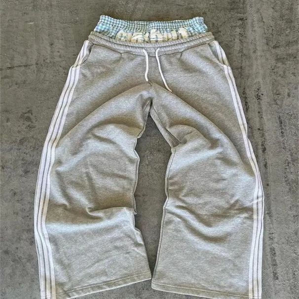 American Style Casual Washed Spor For Men And Women Loose Wide-Leg Long Side Stripe Sweatpan Draped Straight-Leg_desvips.com