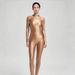 Elastic Glossy Shaping Fitness Sports Leggings Zipper Long Sleeve Full Body Shiny Smooth Bodysuit_desvips.com