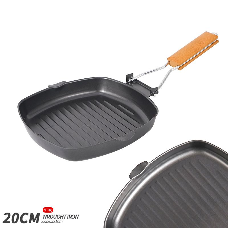 Foldable Cast Iron Grill Pan - Portable Outdoor BBQ Skillet With Wooden Handle Deep & Double Spout For Steak & Camping_desvips.com