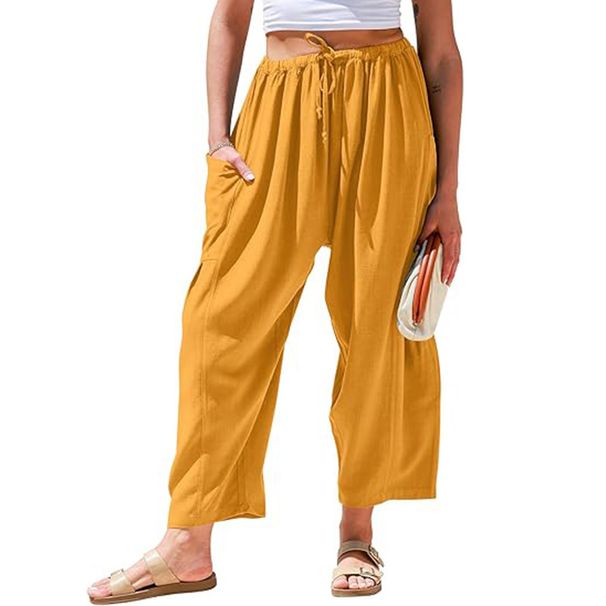 2025 Women`s Casual Loose Drawstring Mid-Waist Beach Sports Wide-Leg Pants With Pockets_desvips.com