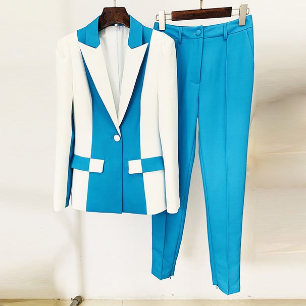 Women's Clothing 2024 new celebrity fashion contrast color matching one button suit skinny pants suit two piece set_desvips.com