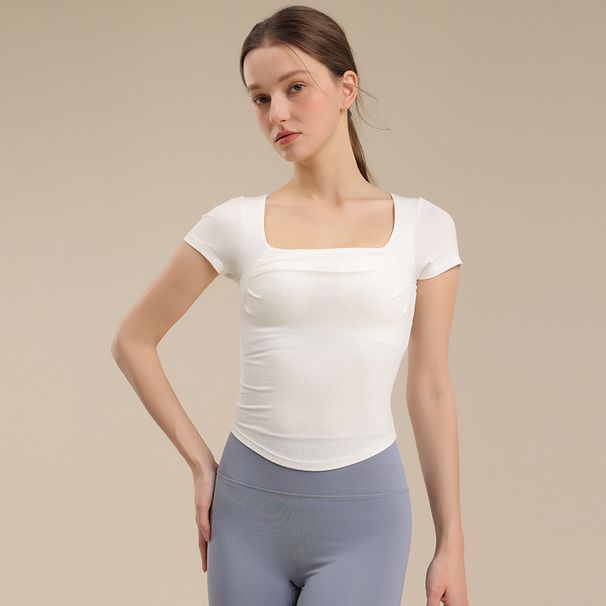 Ribbed Pleated Waist Sports Short Sleeve Square Neck Slim Fit With Chest Pad Yoga Top Breathable Elastic Fitness Shirt_desvips.com